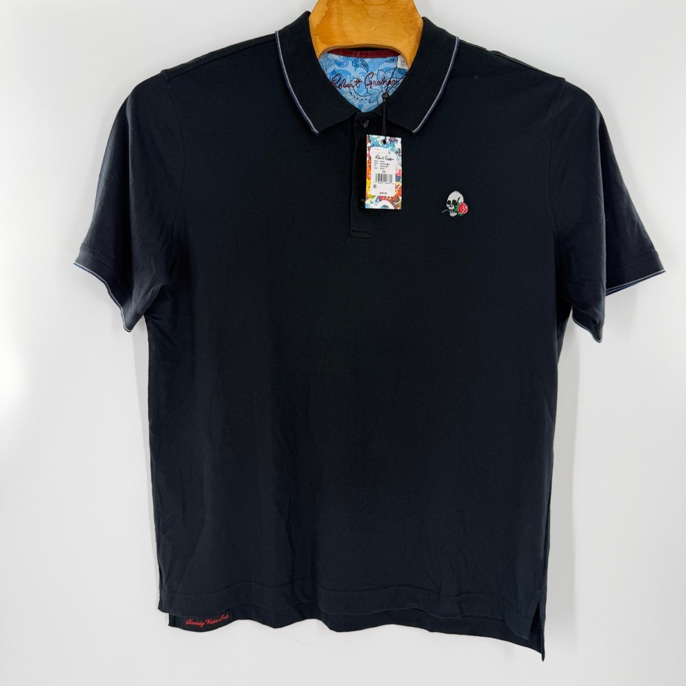 Robert Graham Rossi Polo Shirt Mens 2XL Black Skull Rose Cotton RS227800BLCF NEW